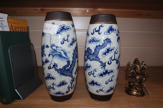 A pair of Chinese crackleglaze blue and white vases c.1900 height 26cm